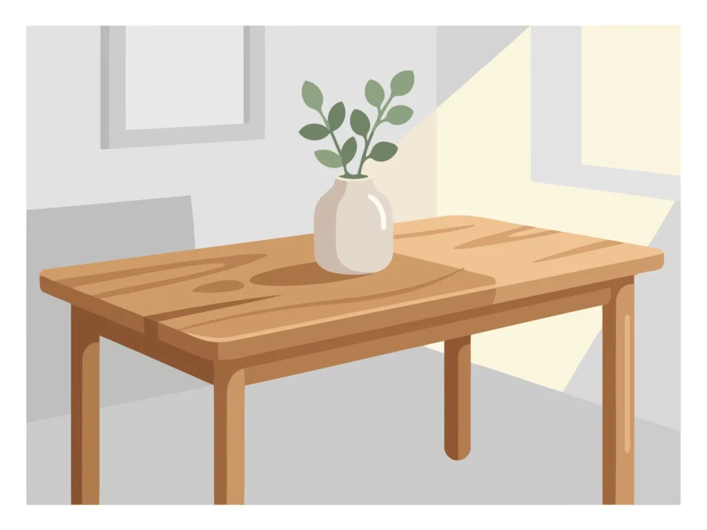 Minimalist Wooden Table with White Flower Vase A minimalist wooden table with a white vase holding a green plant in a simple indoor setting