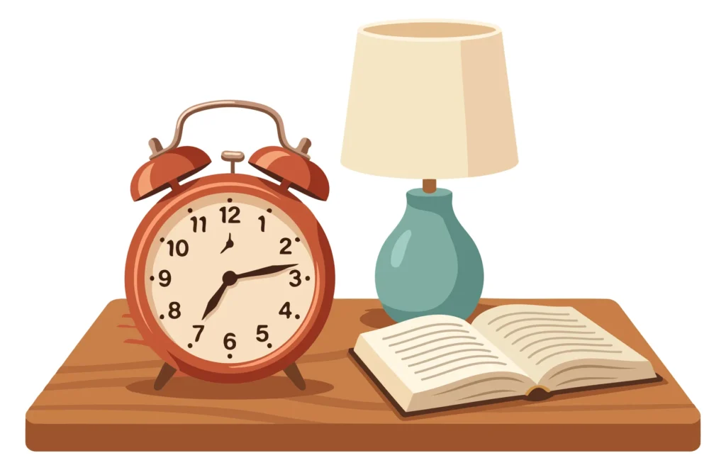 Minimalist Study Desk with Alarm Clock, Lamp, and Open Book A flat design illustration of a desk with an alarm clock, lamp, and an open book