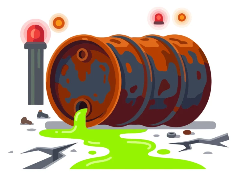 Three barrels with caution symbols and green liquid dripping, industrial warning illustration