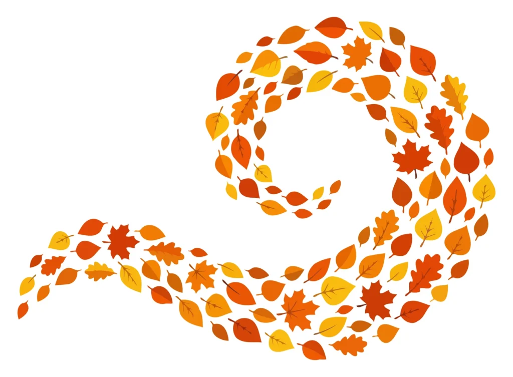 A stylized swirling pattern of autumn leaves in warm colors
