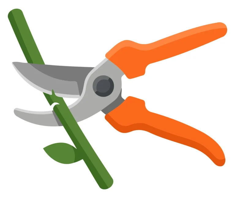 Vector pair of pruning shears cutting green branch
