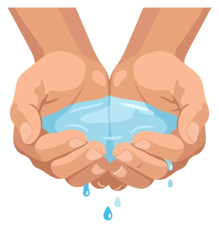 Hands holding a bowl of clear water with falling droplets