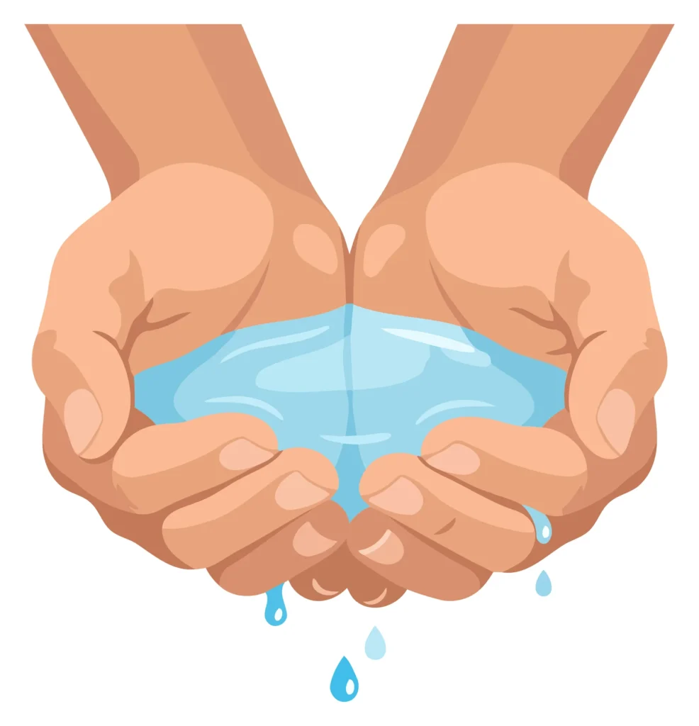 Hands holding clear water droplets illustration Hands holding a bowl of clear water with falling droplets