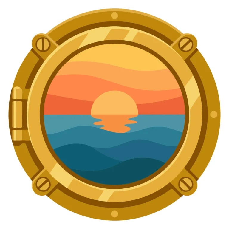 A golden circular port hole with a sunset over the ocean inside