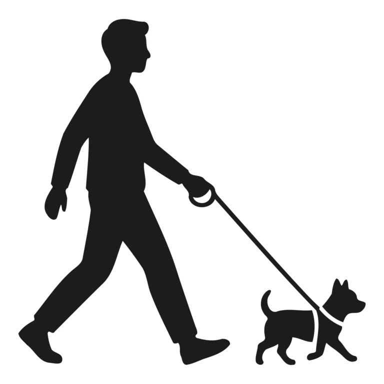 A person walking a dog on a leash in a minimalist black line drawing style