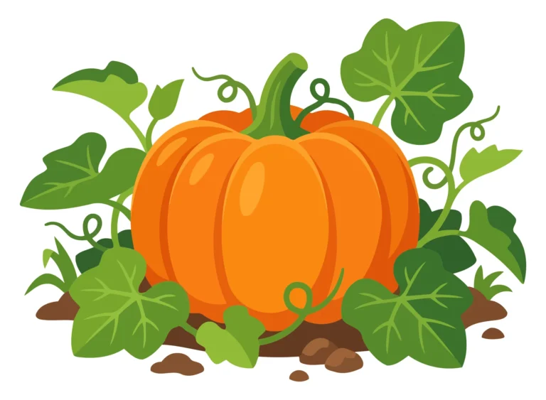 A stylized pumpkin with green leaves and vines in an autumn-themed illustration