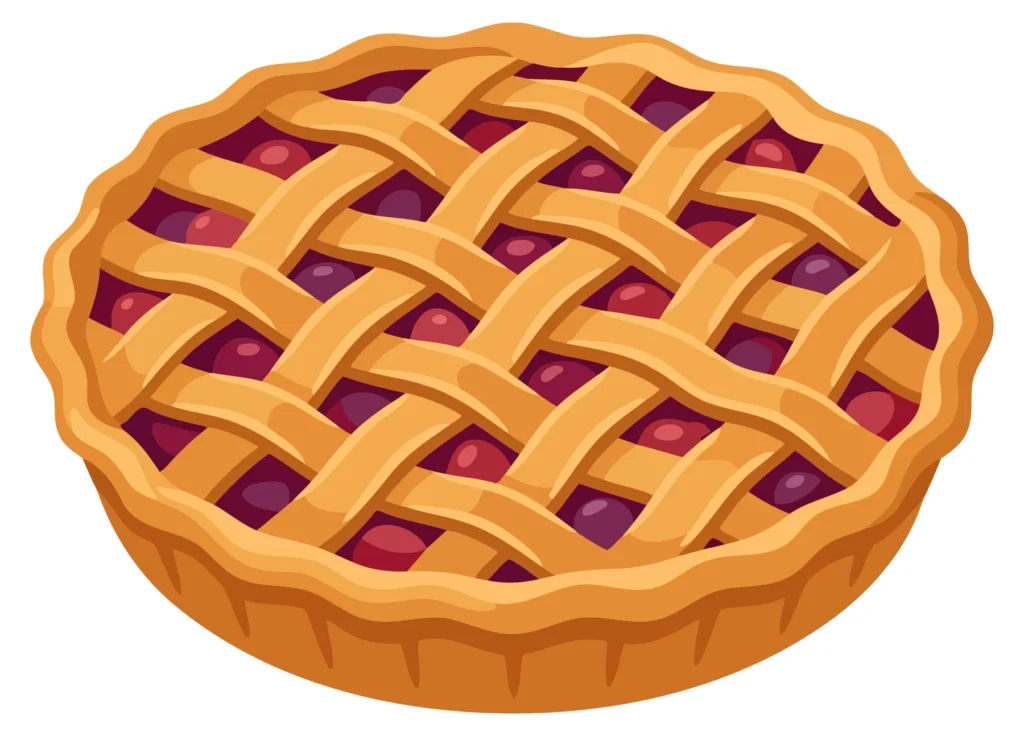 A decorative apple pie with lattice crust and fruit filling in an illustration style