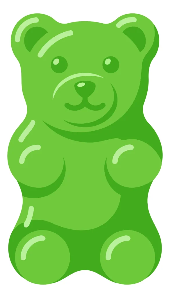 A cute green gummy bear cartoon illustration with simple shading and friendly facial features.