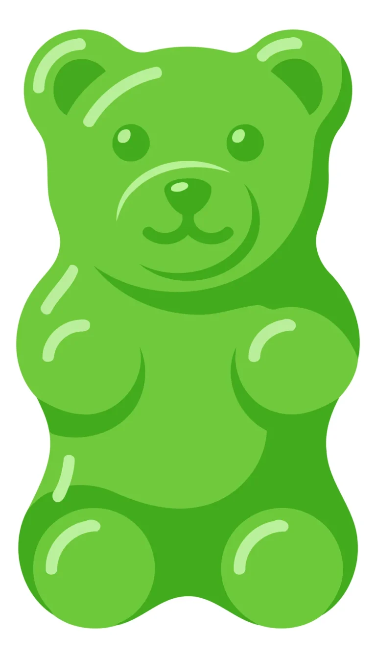 A cute green gummy bear cartoon illustration with simple shading and friendly facial features.