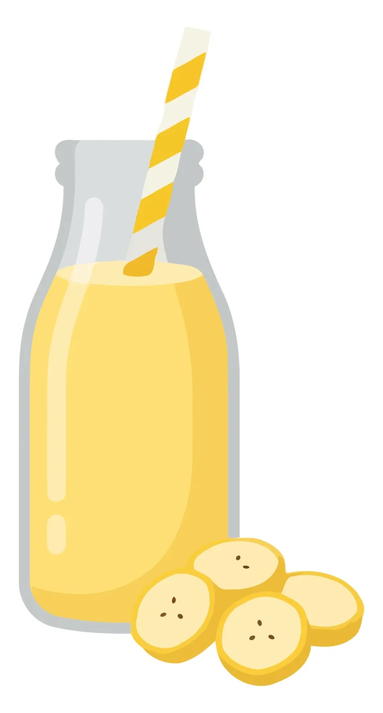 A glass of yellow milkshake with banana slices and a striped straw