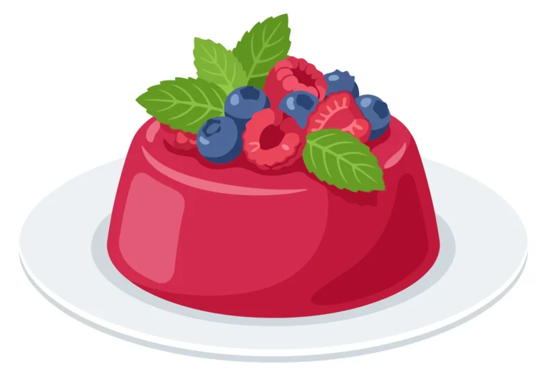 A stylized fruitcake topped with berries on a white plate