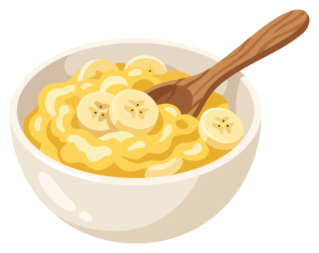A bowl of banana pasta with sliced bananas and a wooden spoon in a stylized vector illustration.
