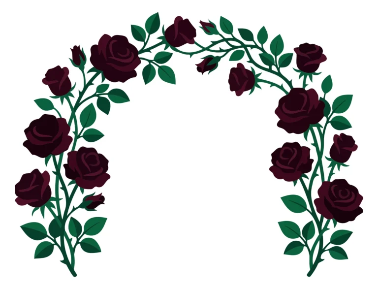 A decorative vector illustration of a curved arch with red roses and green leaves