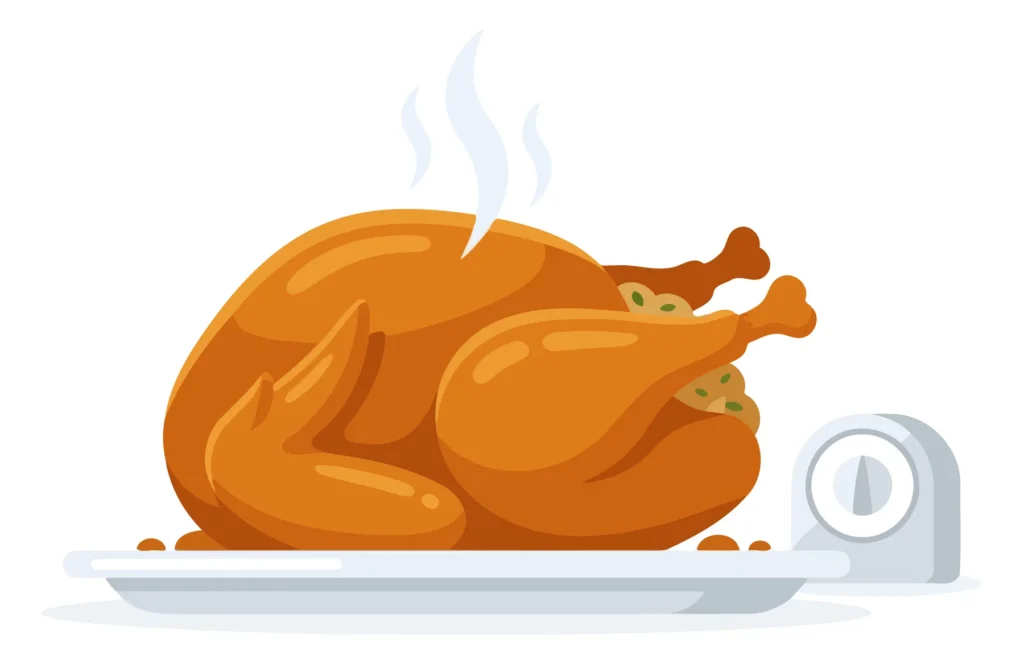 A roasted turkey with steam on a plate next to a digital kitchen scale