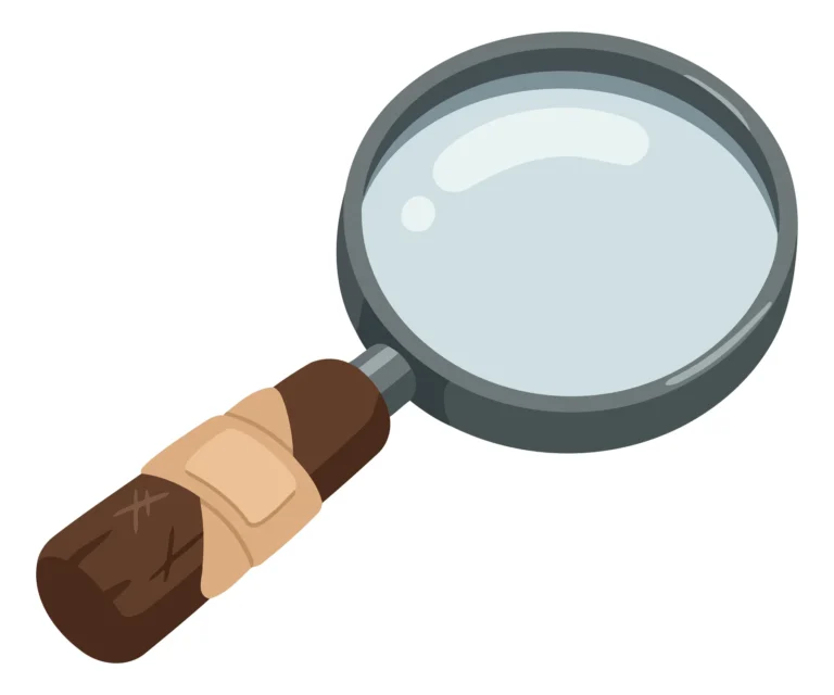 A stylized magnifying glass with a chocolate chip pattern on its handle