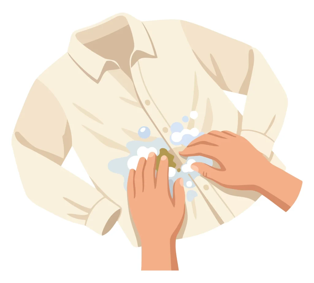 A person washing a shirt with soap bubbles in an illustration