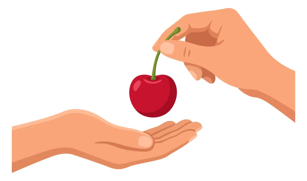 A hand holding a single red cherry in an illustration style