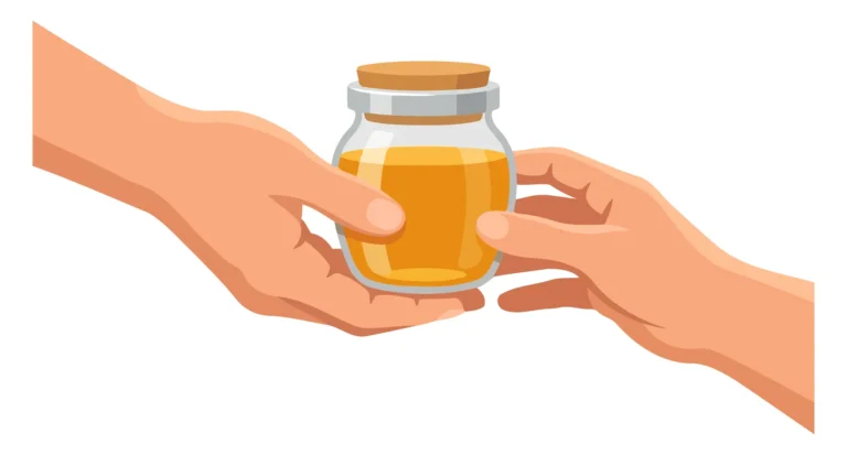 Two hands sharing a glass jar of fresh orange juice in an illustration