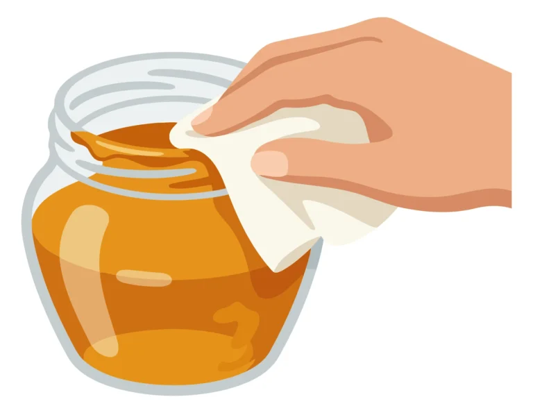 A hand pours honey from a glass jar onto a surface in an illustration