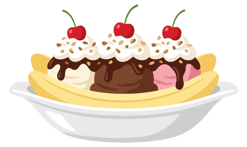 A cartoon-style illustration of a banana split dessert with whipped cream, cherries, and ice cream toppings.