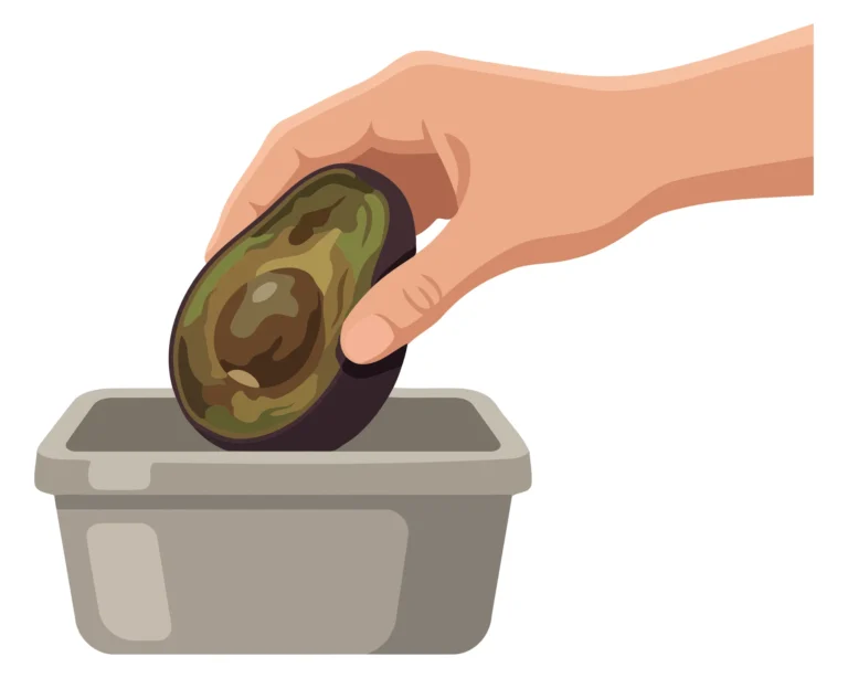 A hand places an avocado into a container in a clean, flat design illustration