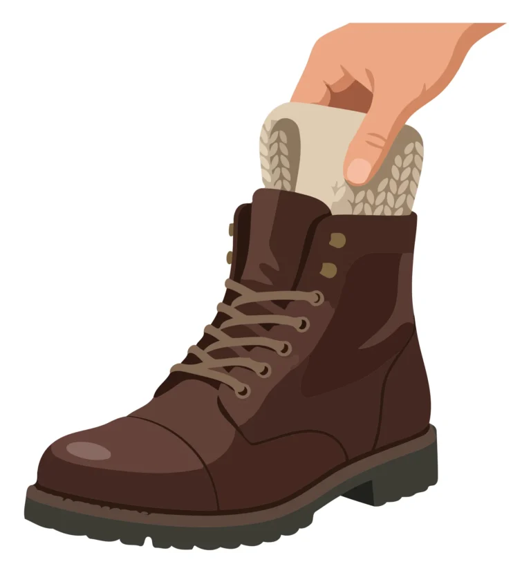 Hand placing footwear sock inside brown leather boot