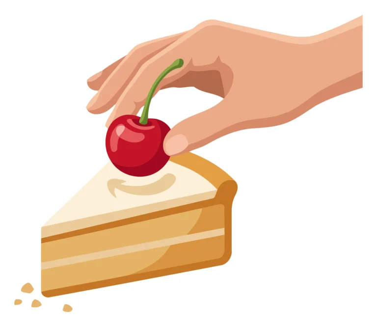 A hand holds a cherry above a slice of cake in an illustration