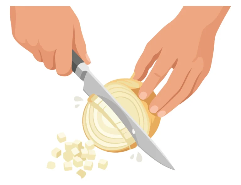 A person’s hands chopping an onion with a knife in an illustration style