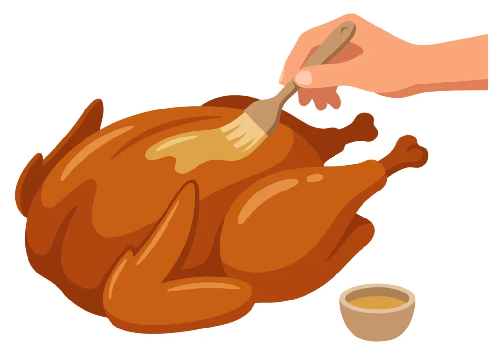 Hand basting roasted turkey with golden glaze A hand basting a roasted turkey with golden sauce in an illustration