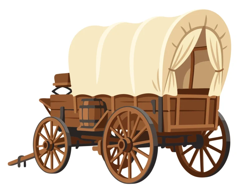 A vintage-style covered wagon with a canvas top and wooden wheels in an illustrated vector design.