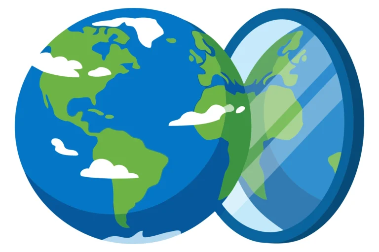 A stylized split globe illustration showing continents and oceans in blue and green colors