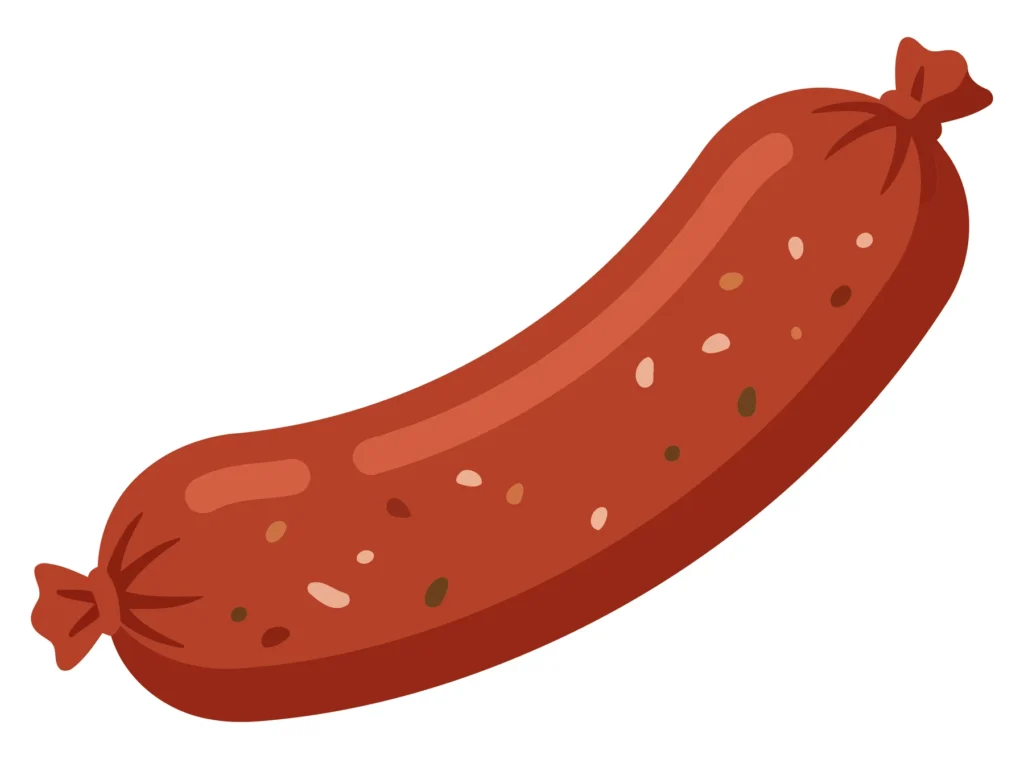 A vector illustration of a sausage with speckles and a red band
