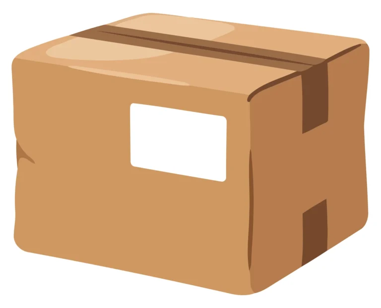 A flat design illustration of a brown cardboard shipping box with cut-out flaps