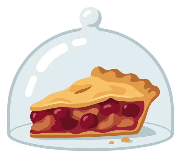 A slice of cherry pie with fruit filling under a glass dome illustration