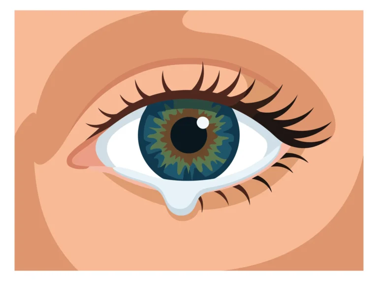 A stylized eye with a teardrop over the iris in a minimalist illustration style