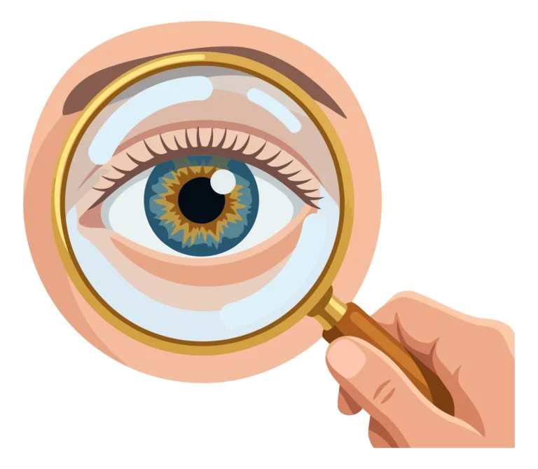 An eye magnified by a circular magnifying glass in an artistic illustration style