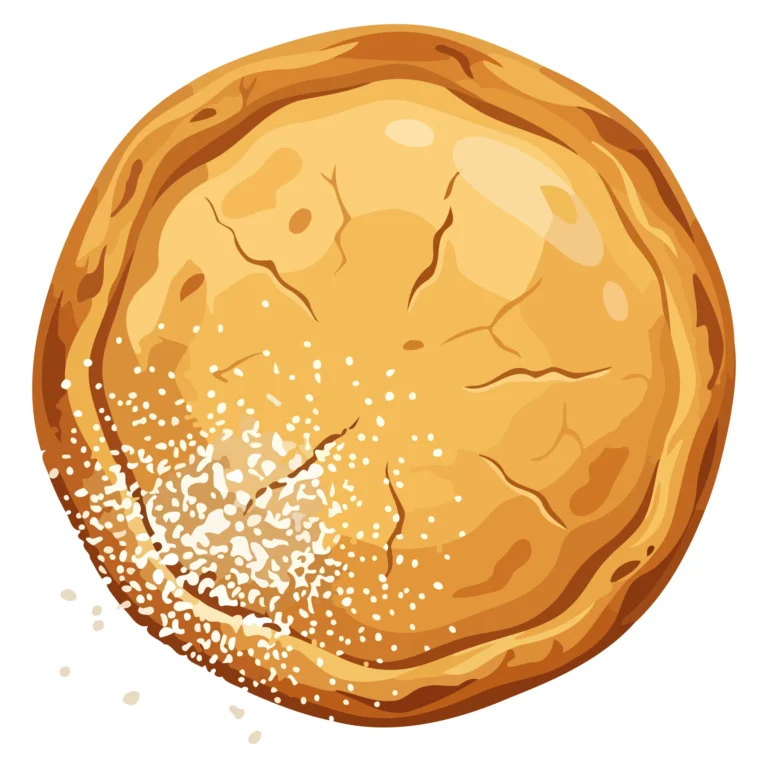 A stylized illustration of a baked pastry with cracked golden-brown surface and crumbs