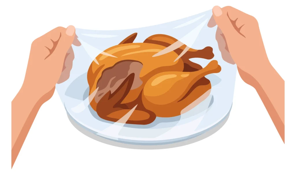 Hand holding roasted turkey on a white plate A hand holds a roasted turkey on a white plate in an illustration.