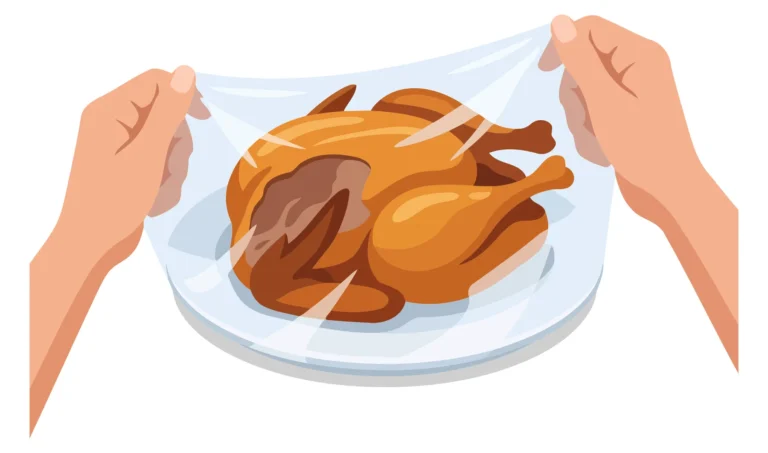 A hand holds a roasted turkey on a white plate in an illustration.