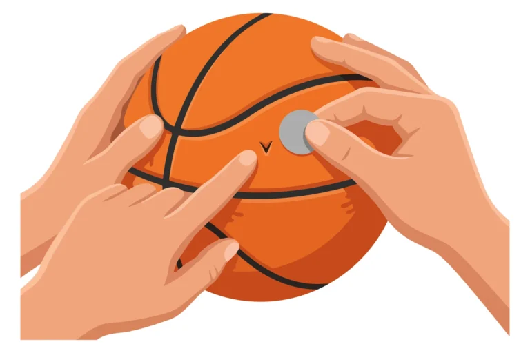 A hand holding an orange basketball with a small button placed on it in a flat design illustration