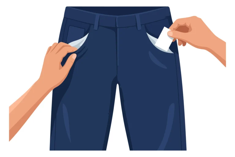 A hand pulling a folded paper from blue jeans pockets in a simple illustration