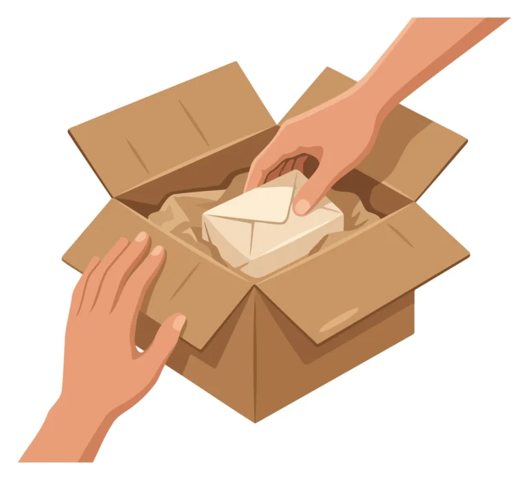 A person’s hands opening a cardboard box to reveal a wrapped gift in a flat design illustration