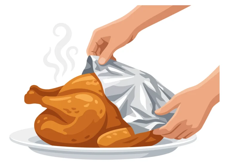 A hand lifts foil from a roasted turkey on a plate with steam rising.