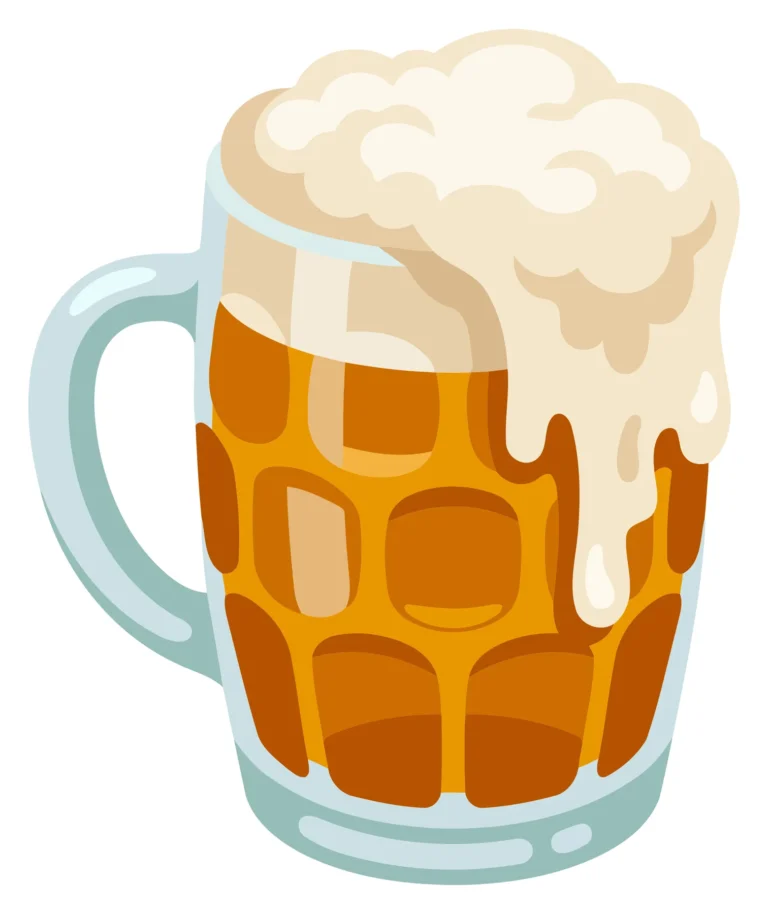 A stylized beer mug filled with frothy beer
