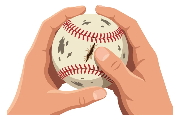 A stylized illustration of a hand holding a damaged baseball with stitching visible