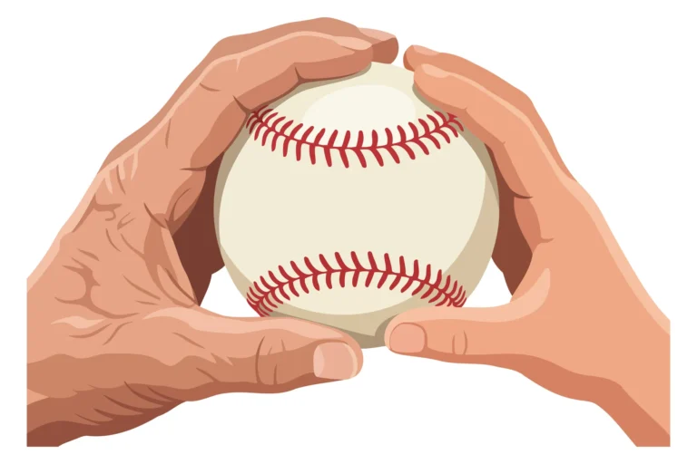 A hand holding a baseball with stitching details in a flat design illustration