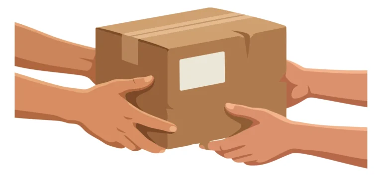 Two hands holding an open cardboard box with a window view