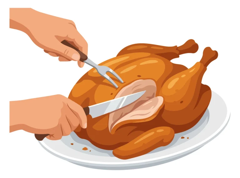 A person carving a roasted turkey from a plate with a knife and fork in an illustration style
