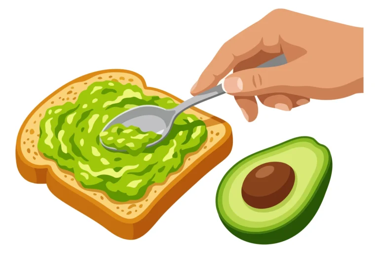 A hand spreads avocado on toasted bread with a spoon, alongside a whole avocado.