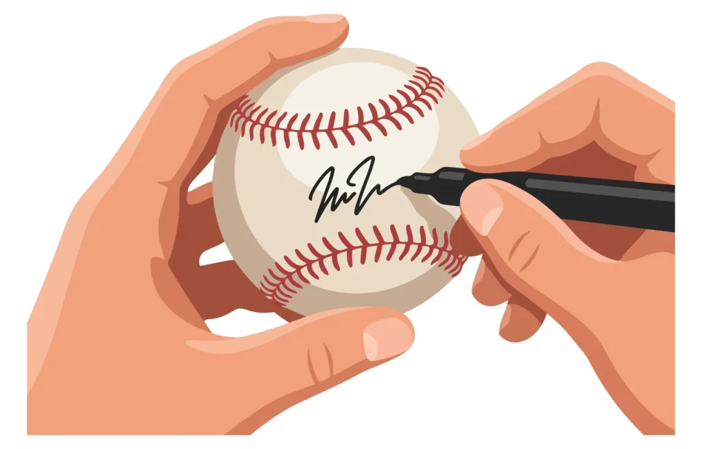 Hand signing baseball with signature marker illustration A hand signing a baseball with a marker in a clean illustration style
